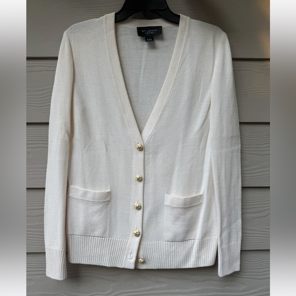 St. John Caviar Santana Knit Cream Cardigan Sweater - Picture 1 of 9